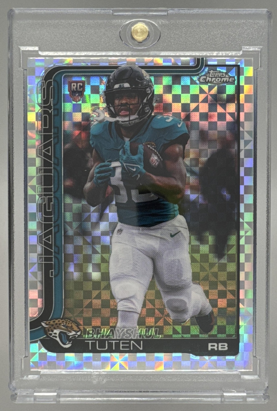 Card image for 2025 Topps Football Chrome Bhayshul Tuten Rookie #389 RC Jacksonville Jaguars