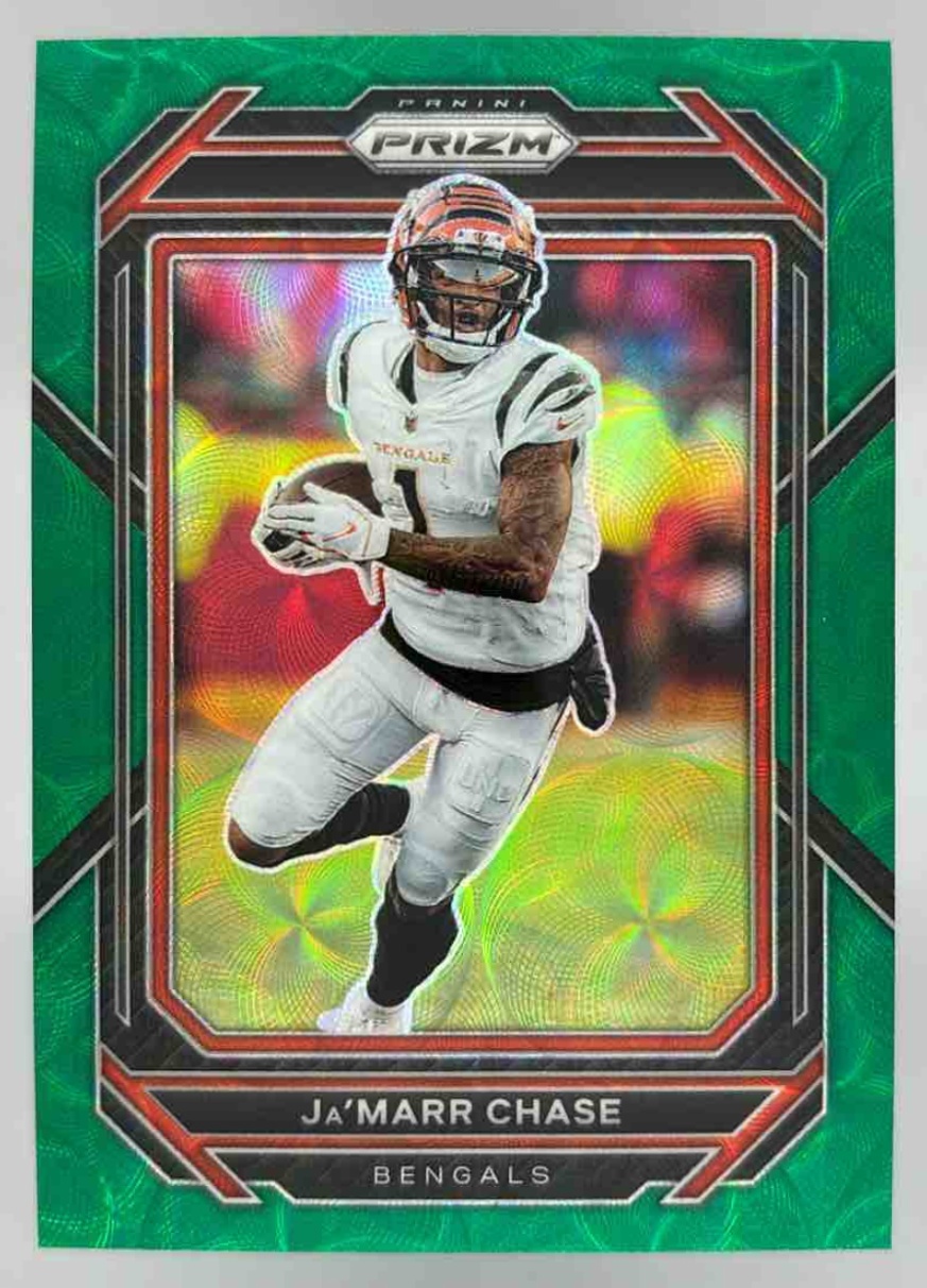 Card image for 2022 Panini Football Prizm Ja'Marr Chase Green Scope /75 #58 Cincinnati Bengals