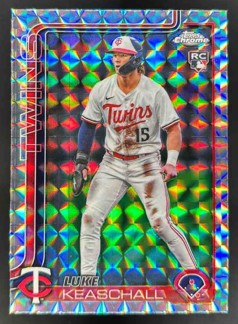 Card image for 2025 Topps Chrome Update Luke Keaschall Geometric Refractor #USC106 RC Twins