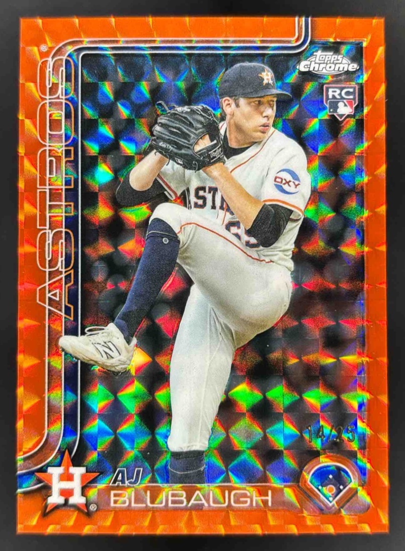 Card image for 2025 Topps Chrome Update AJ Blubaugh Orange Geometric Refractor /25 RC