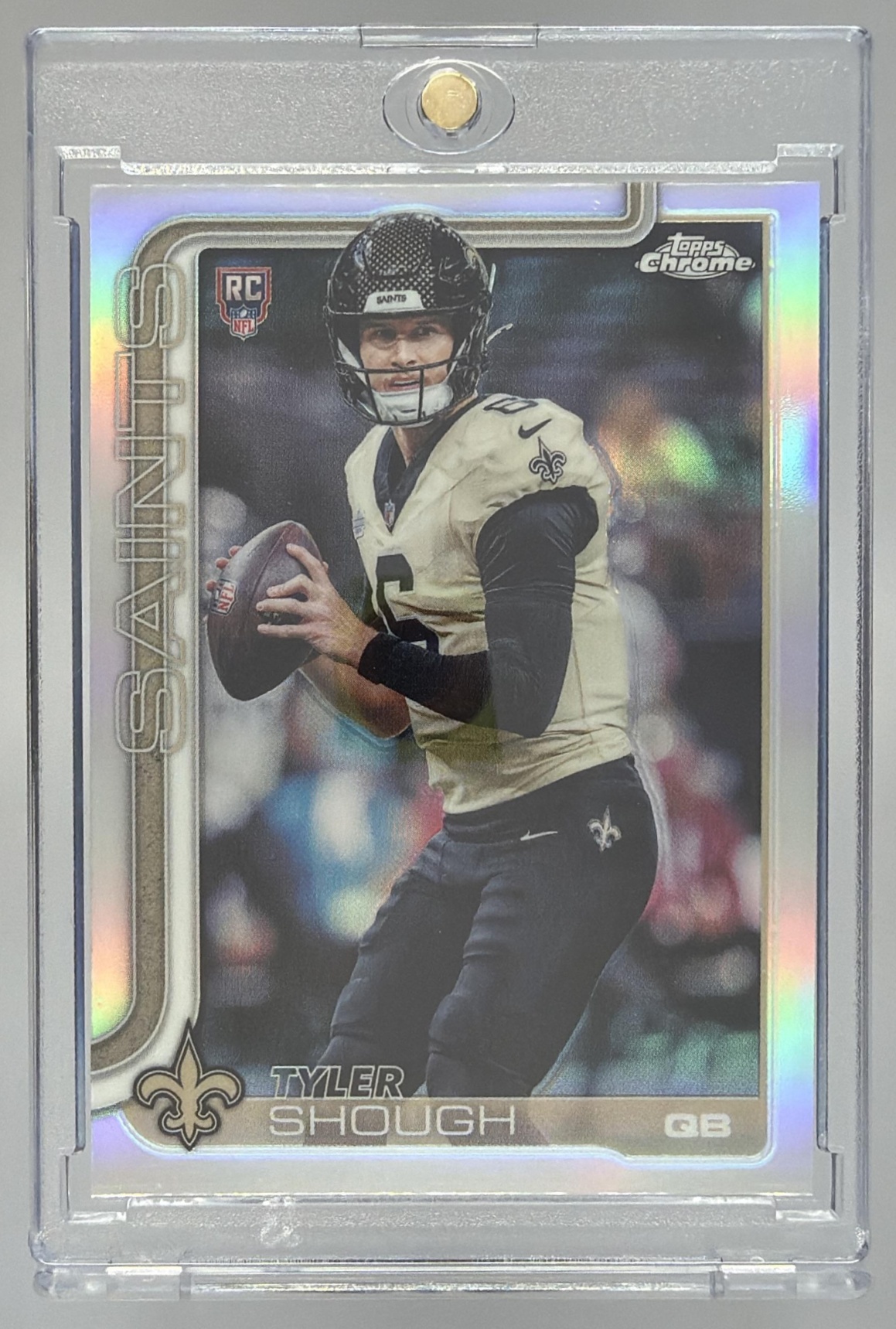 Card image for 2025 Topps Chrome Tyler Shough Rookie Refractor #398 RC Saints