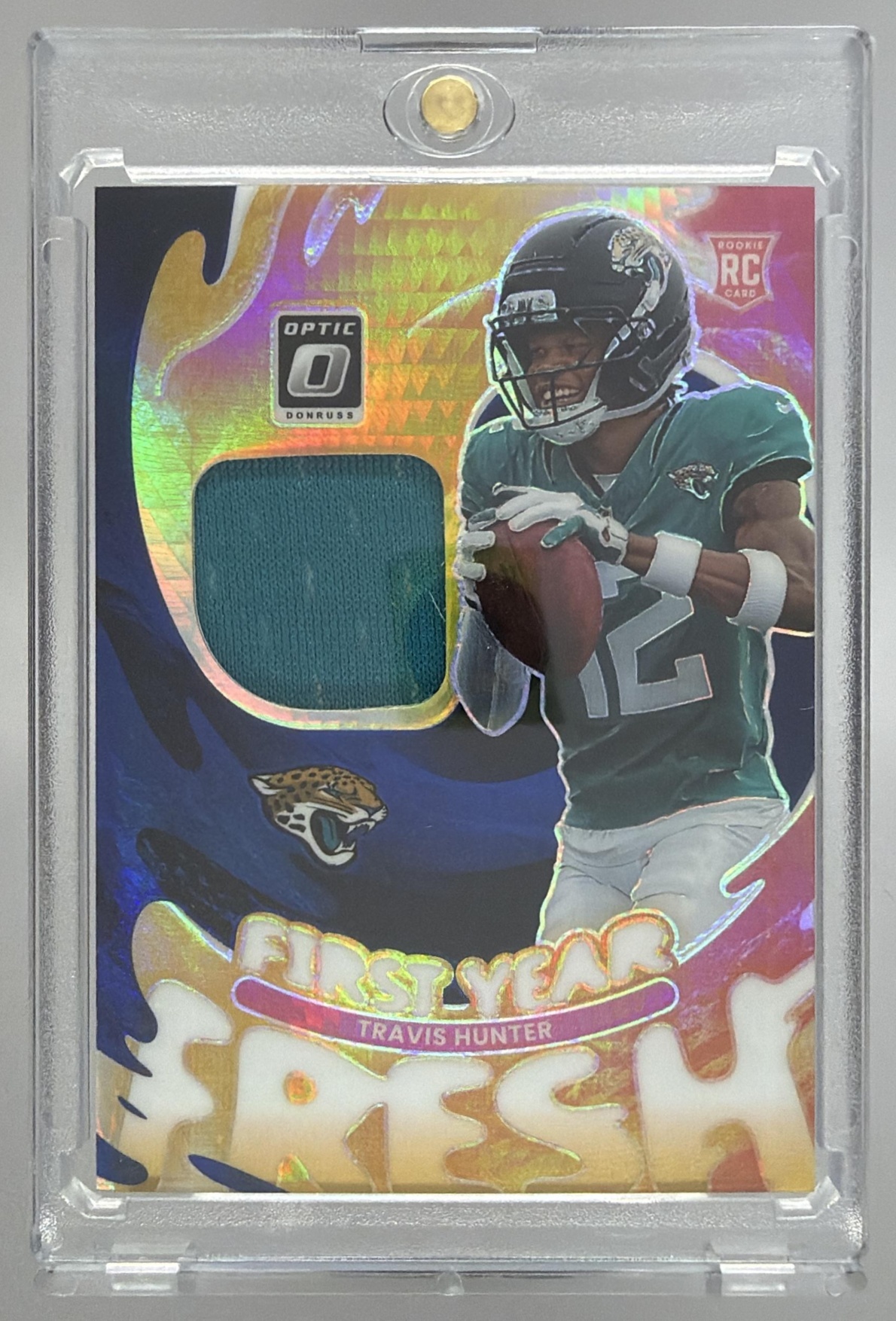 Card image for 2025 Panini Donruss Optic Travis Hunter First Year Fresh #FYFBH-THR MEM RC Jaguars