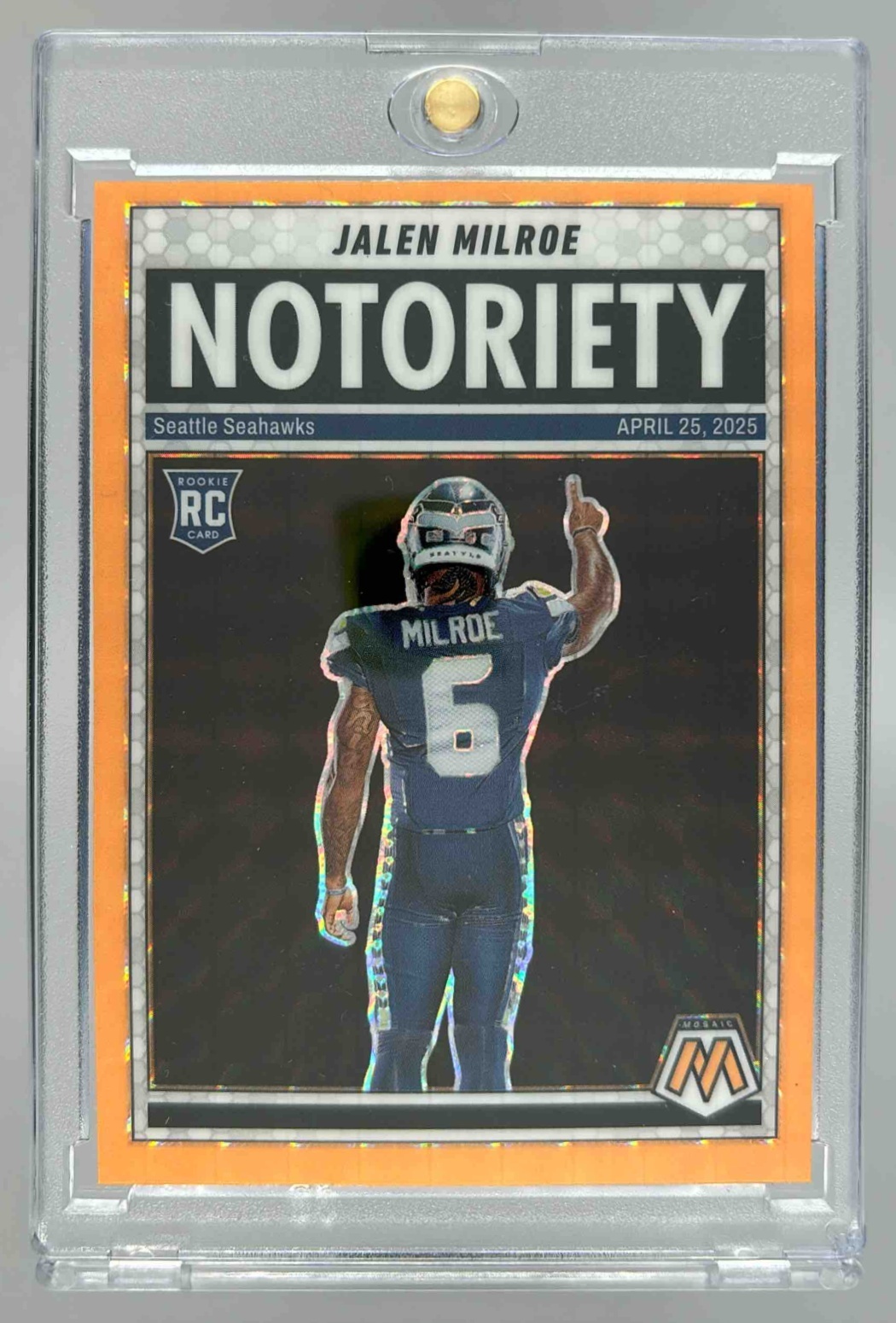 Card image for 2025 Panini Football Mosaic Jalen Milroe Notoriety #15 RC Seattle Seahawks