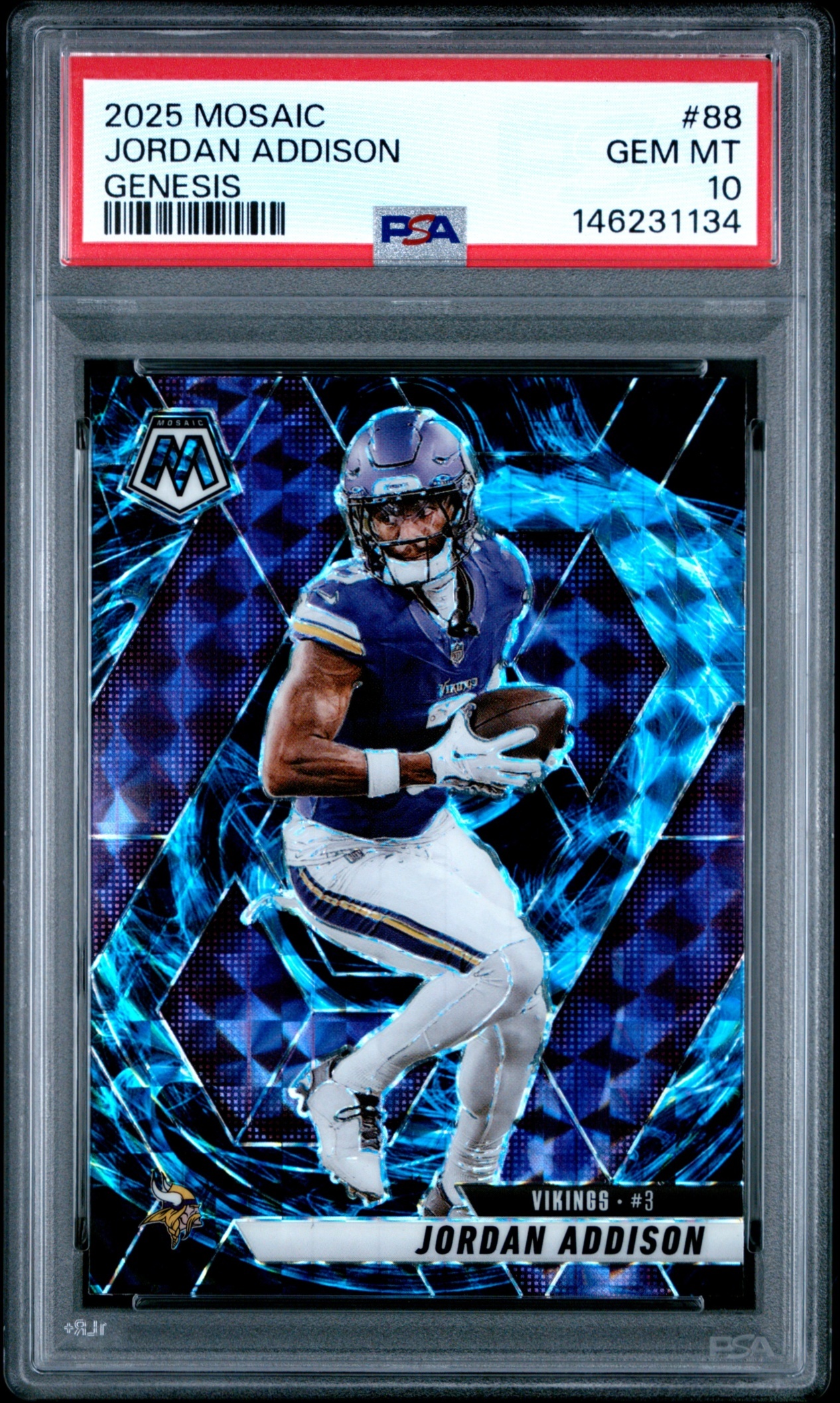 Card image for 2025 Panini Football Mosaic Jordan Addison Genesis Prizm #88 Minnesota Vikings PSA 10