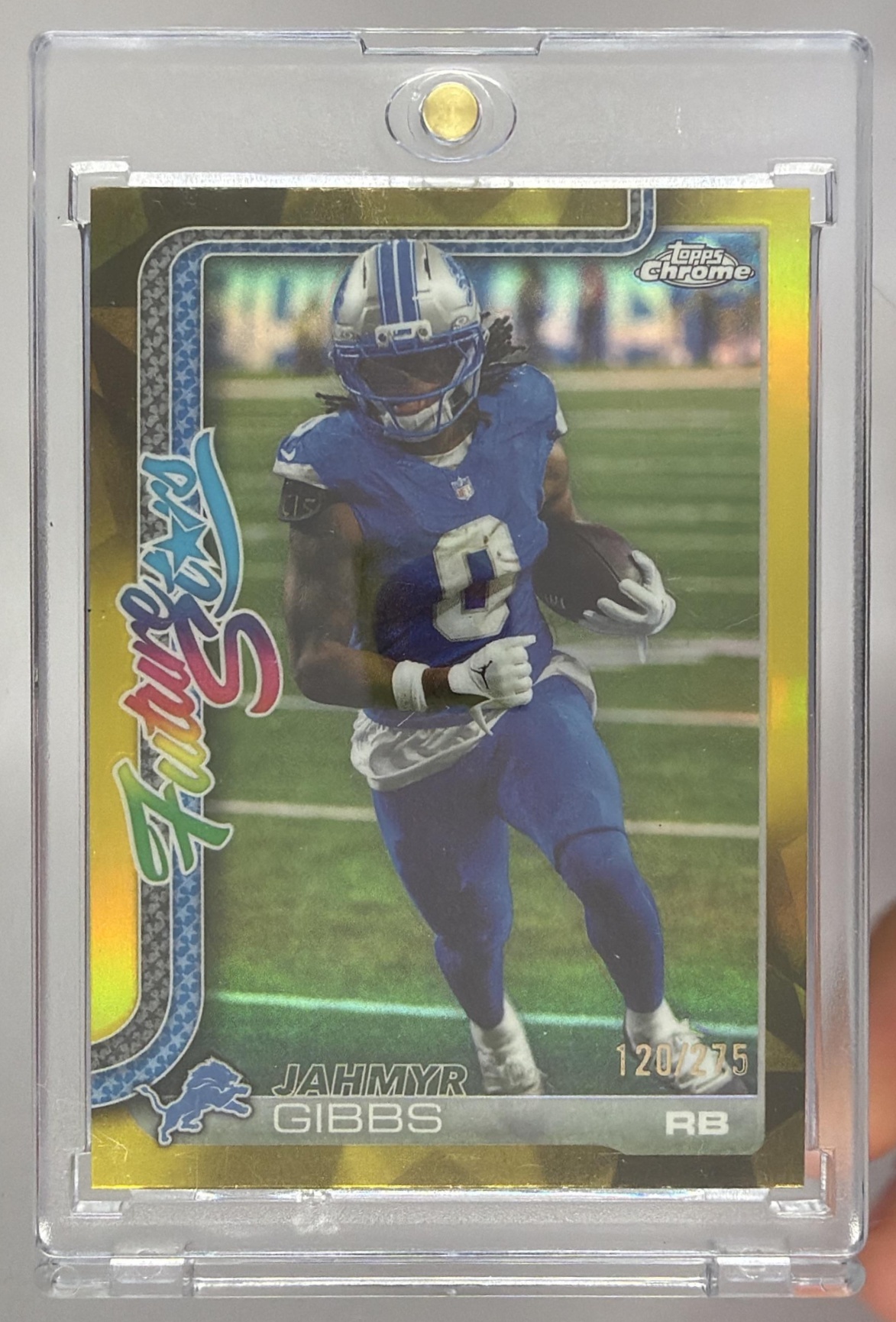 Card image for 2025 Topps Chrome Jahmyr Gibbs Future Stars Yellow Refractor /275 #FS-10 SP Lions