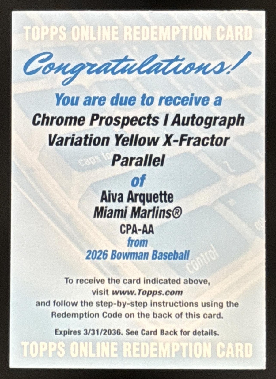 Card image for 2026 Bowman Aiva Arquette Chrome Auto Yellow X-Fractor /75 1st Prospect