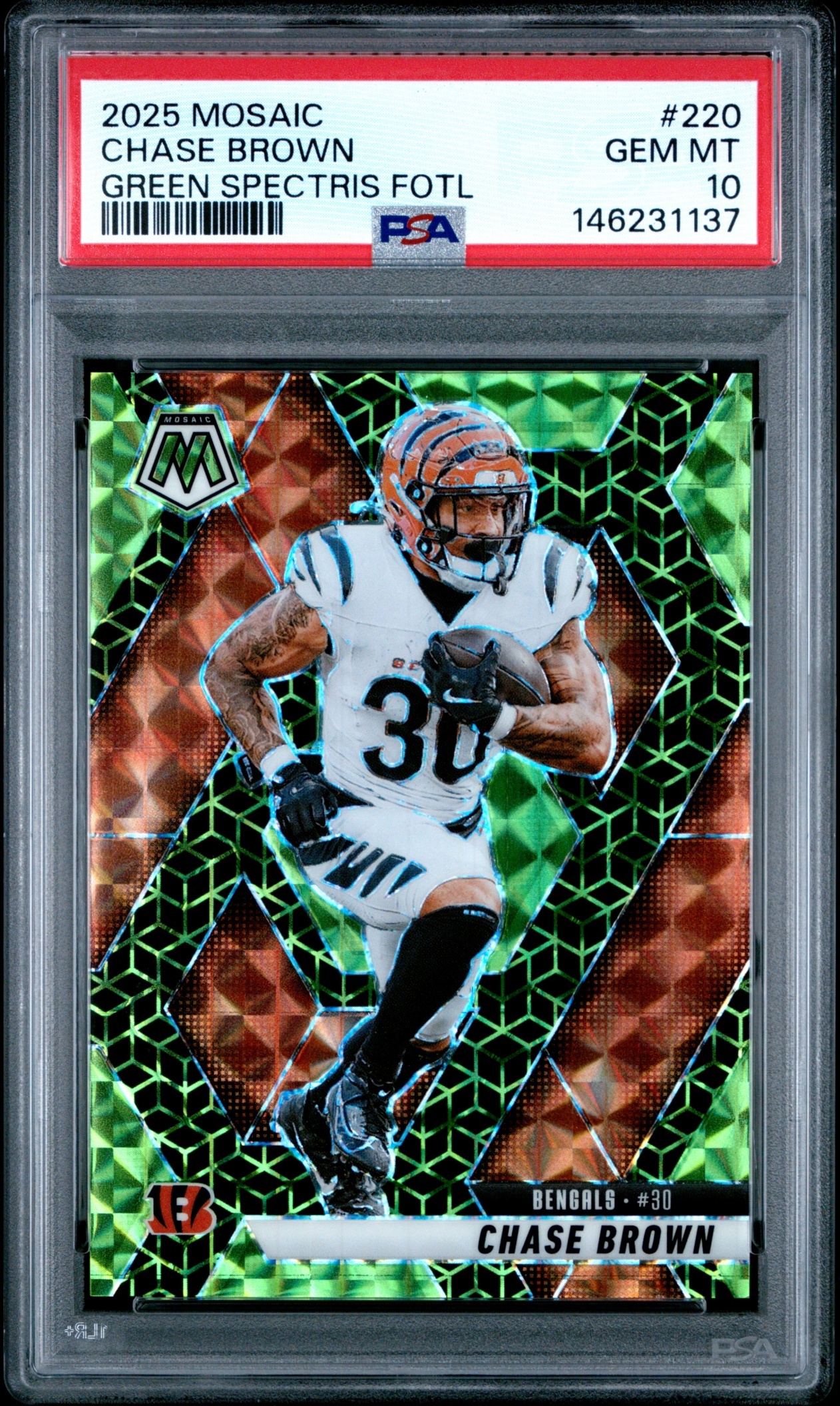Card image for 2025 Panini Mosaic Chase Brown Green Spectris Prizm FOTL /13 #220 Bengals PSA 10
