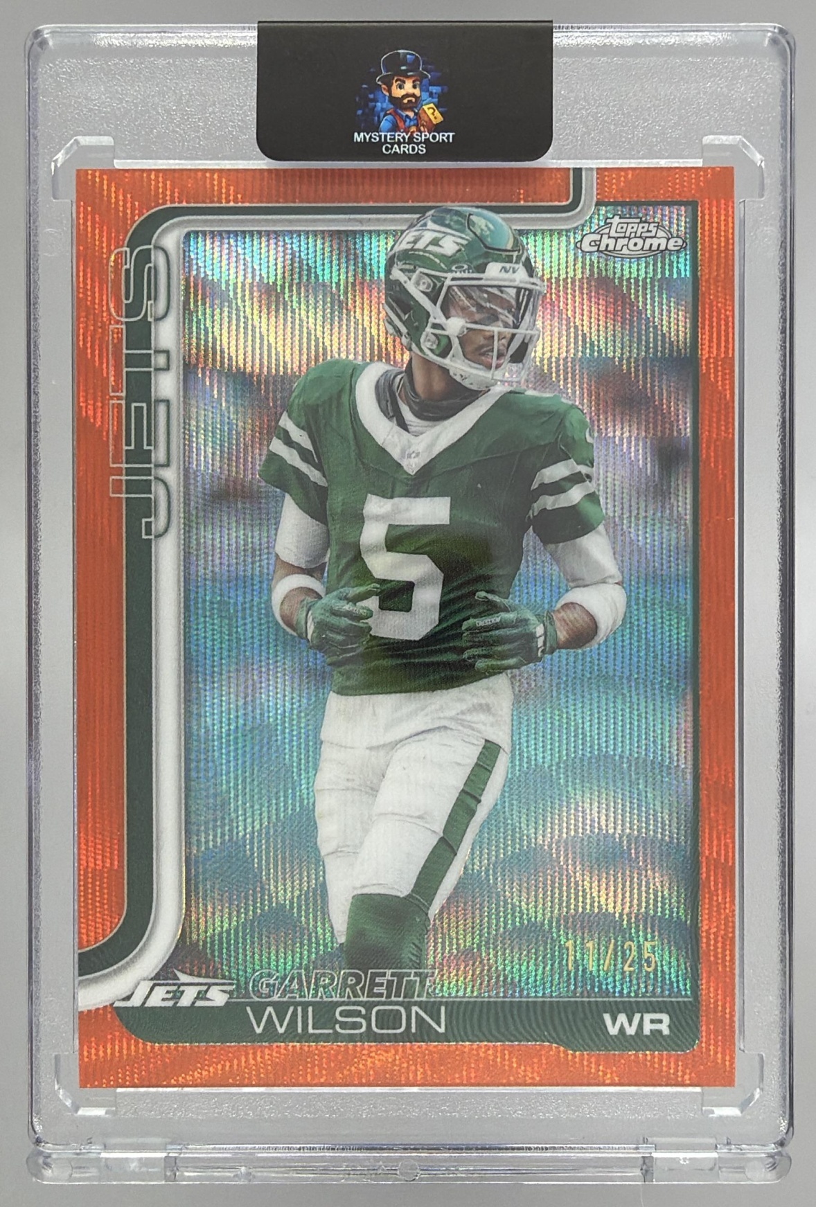 Card image for 2025 Topps Chrome Garrett Wilson Orange Geometric Refractor /25 #235 Jets