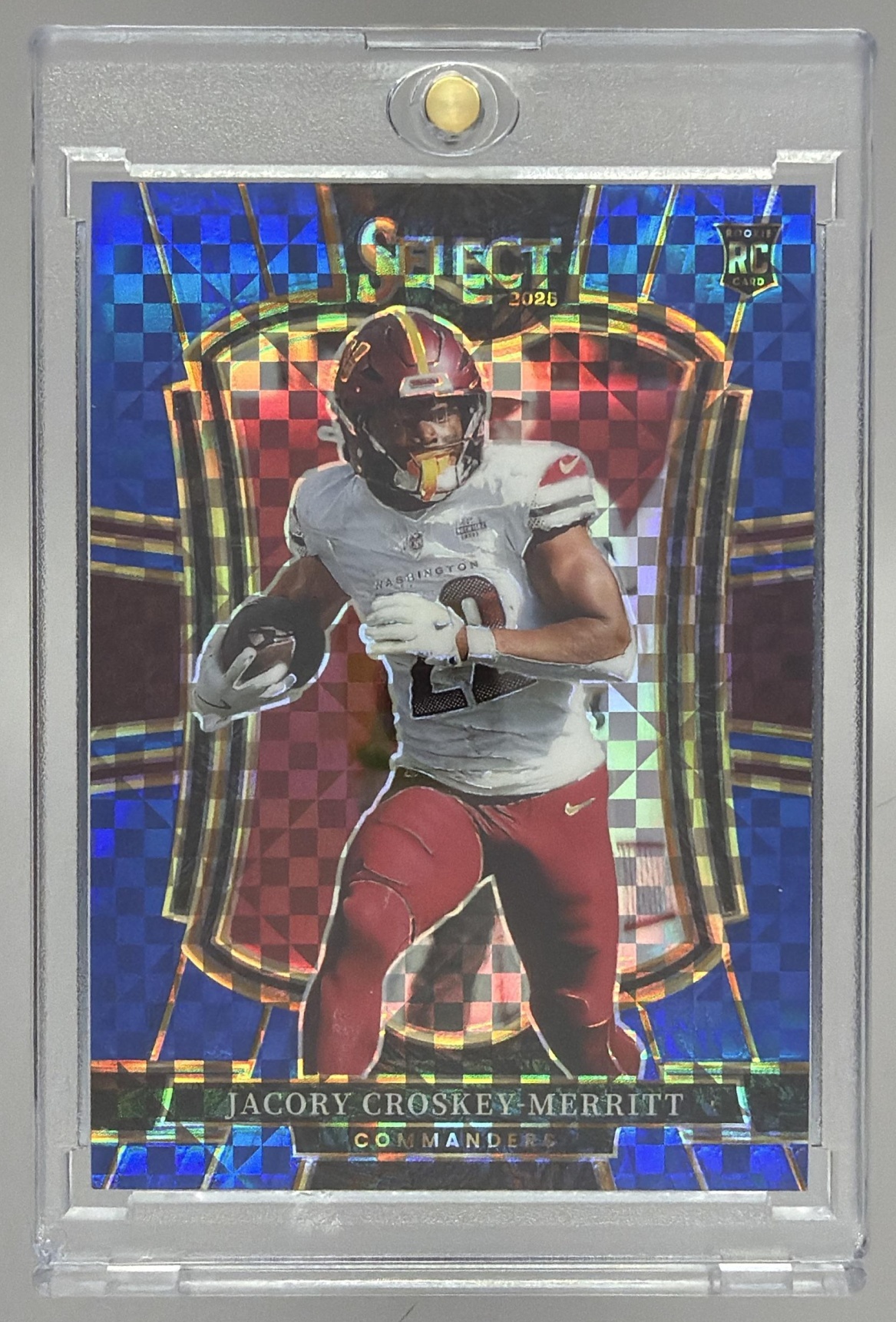 Card image for 2025 Panini Select Jacory Croskey-Merritt Premier Level Blue Prizm /175 #188 RC Commanders