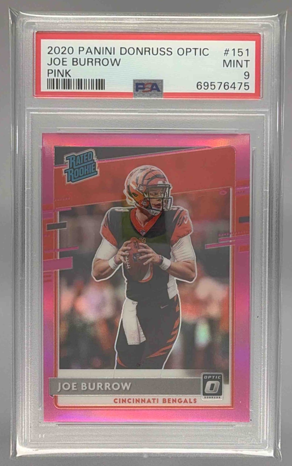 Card image for 2020 Panini Donruss Optic Joe Burrow Pink Prizm #151 RC Bengals PSA 9