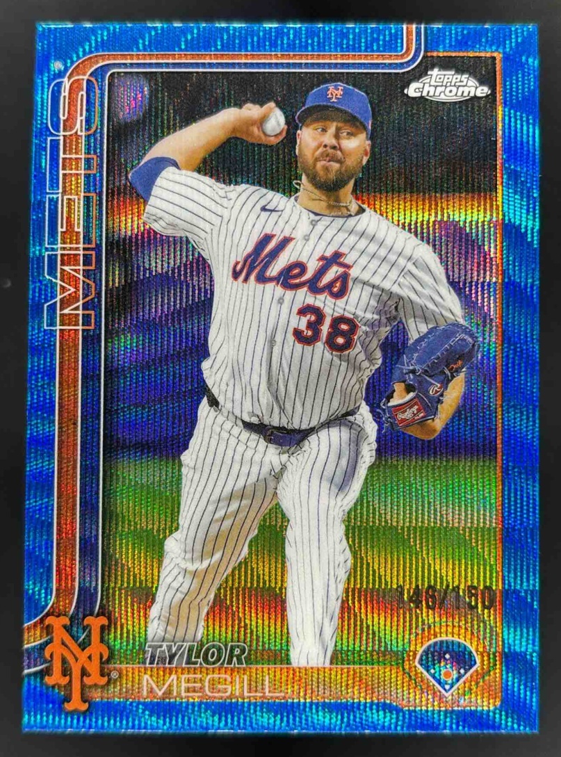 Card image for 2025 Topps Chrome Update Tylor Megill Blue Wave Refractor /150 #USC153 Mets