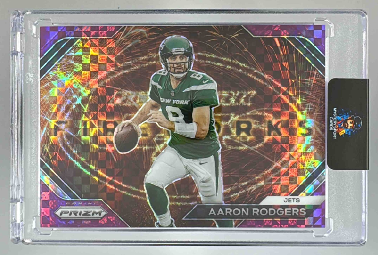 Card image for 2023 Panini Prizm Aaron Rodgers Fireworks Prizms Purple Power /49 #F-7 Jets