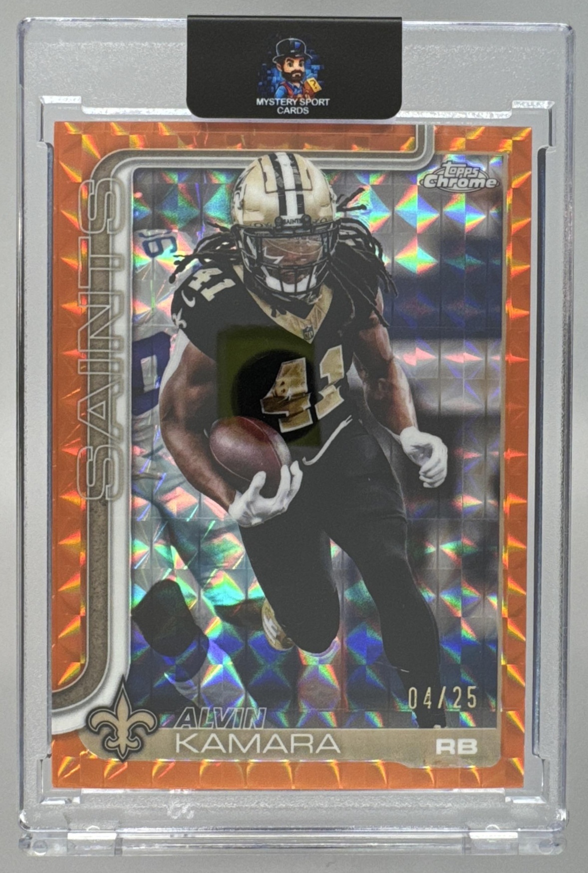 Card image for 2025 Topps Chrome Alvin Kamara Orange Geometric Refractor /25 #215 Saints