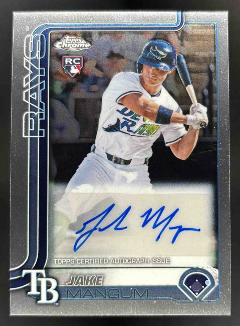 Card image for 2025 Topps Chrome Update Jake Mangum Auto #AC-JM RC Rays