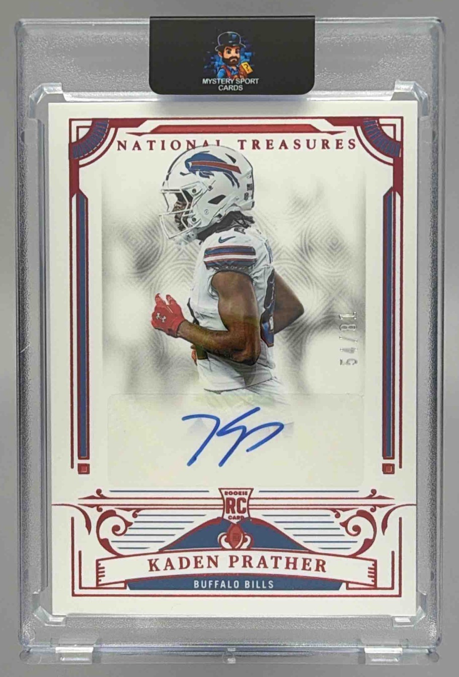 Card image for 2025 Panini National Treasures Kaden Prather Rookie Signature Jersey Number Red /81 #108 RC Auto Bills