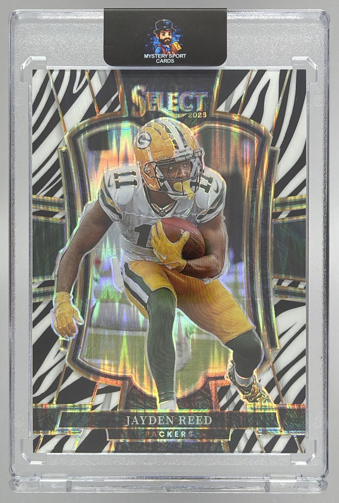 Card image for 2024 Panini Select Jayden Reed Concourse Zebra Prizm Shock #68 Packers