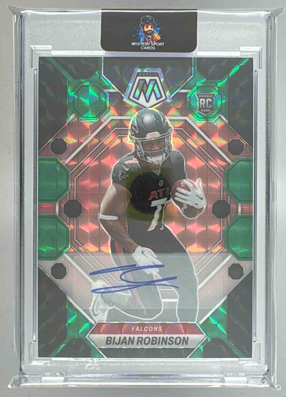 Card image for 2023 Panini Mosaic Bijan Robinson Rookie Auto Choice Fusion Green and Black /25 #284 RC Falcons