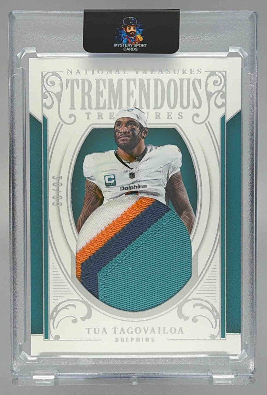 Card image for 2025 Panini National Treasures Tua Tagovailoa Tremendous /99 #TT-TTA MEM Dolphins