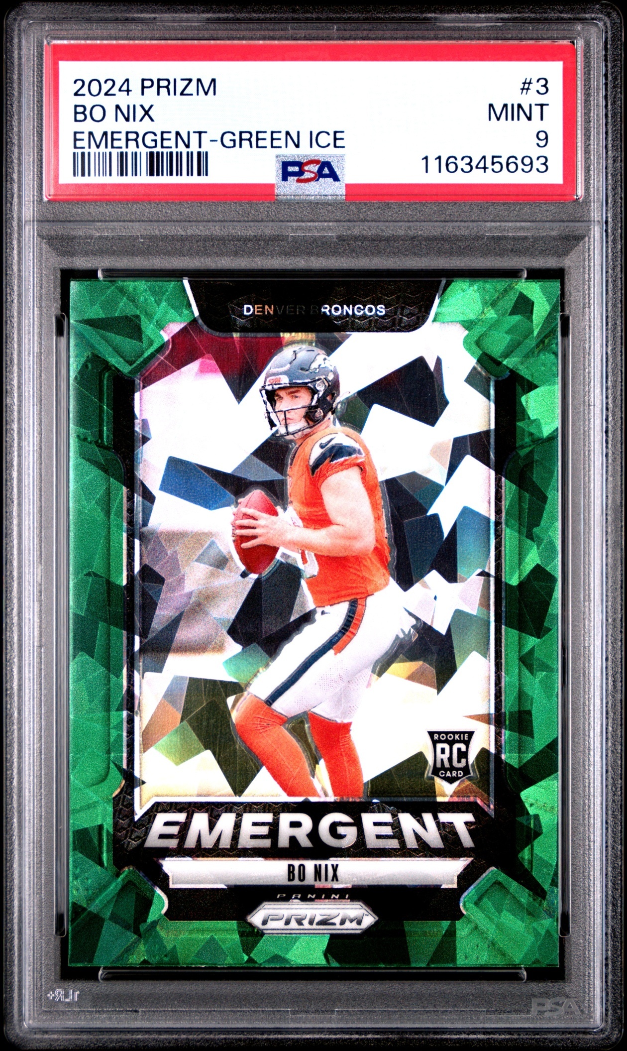Card image for 2024 Panini Football Prizm Bo Nix Emergent Green Ice #3 RC Denver Broncos