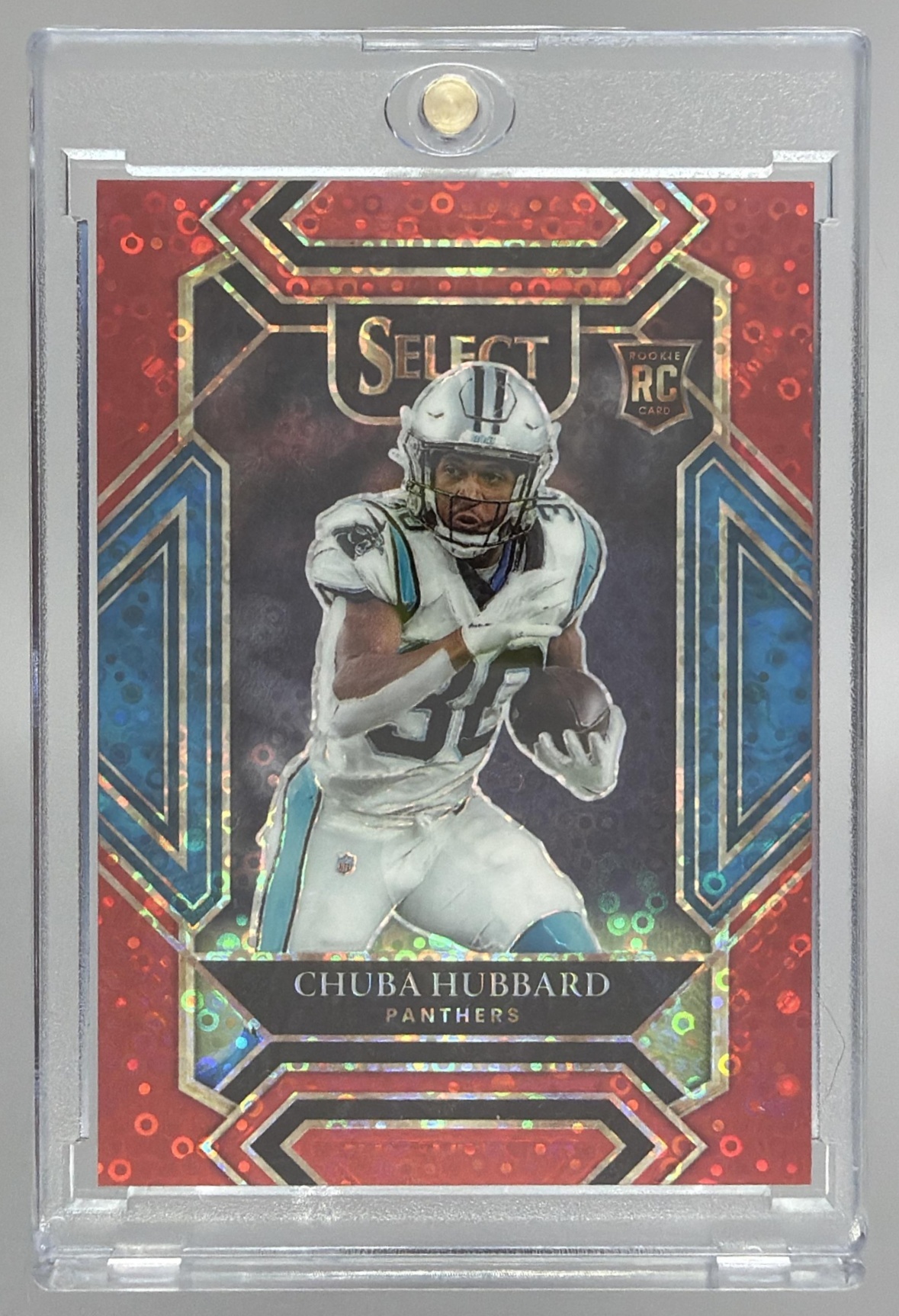 Card image for 2021 Panini Select Chuba Hubbard Red Disco Prizm /49 #276 Club RC Panthers