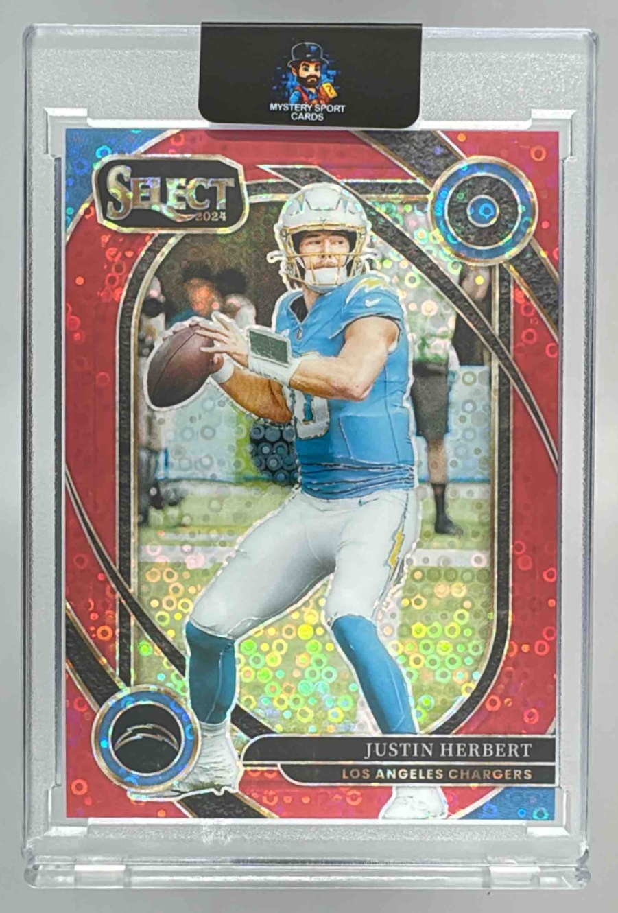 Card image for 2024 Panini Select Justin Herbert Club Red Disco Prizm /49 #232 Chargers