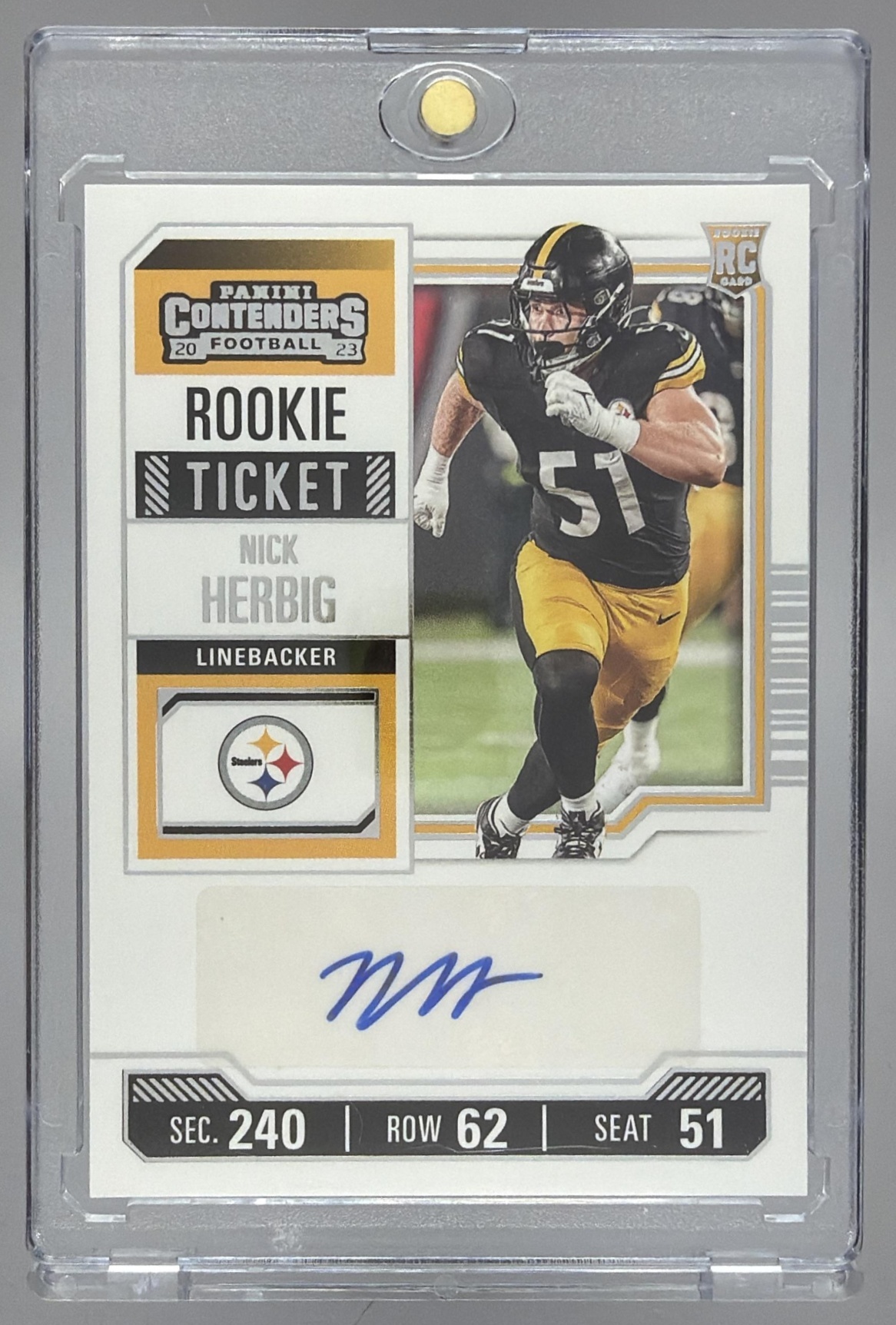 Card image for 2023 Panini Contenders Nick Herbig #255 Auto RC Rookie Ticket Steelers