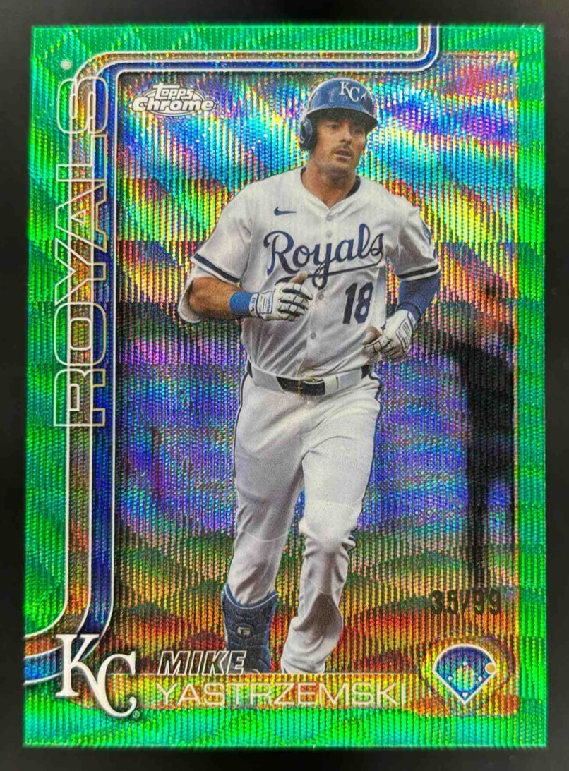 Card image for 2025 Topps Chrome Update Mike Yastrzemski Green Wave Refractor /99 #USC44 Royals
