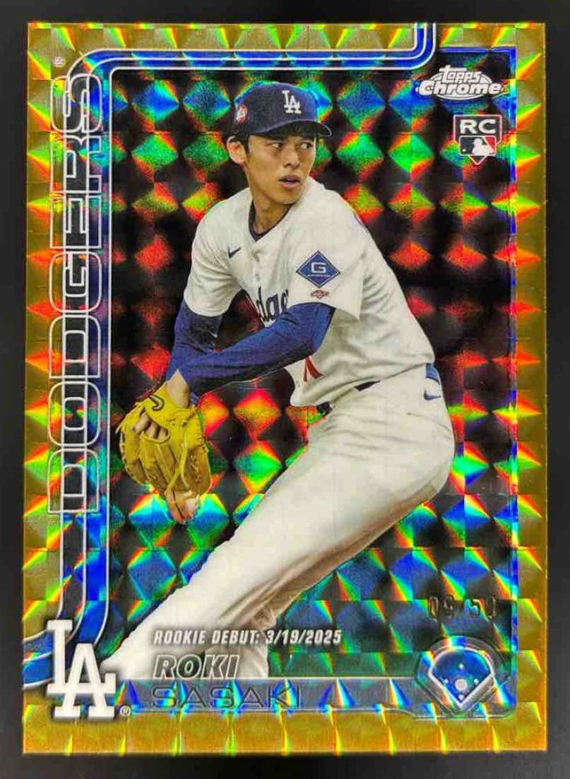 Card image for 2025 Topps Chrome Update Roki Sasaki Gold Geometric Refractor /50 #USC73 Dodgers