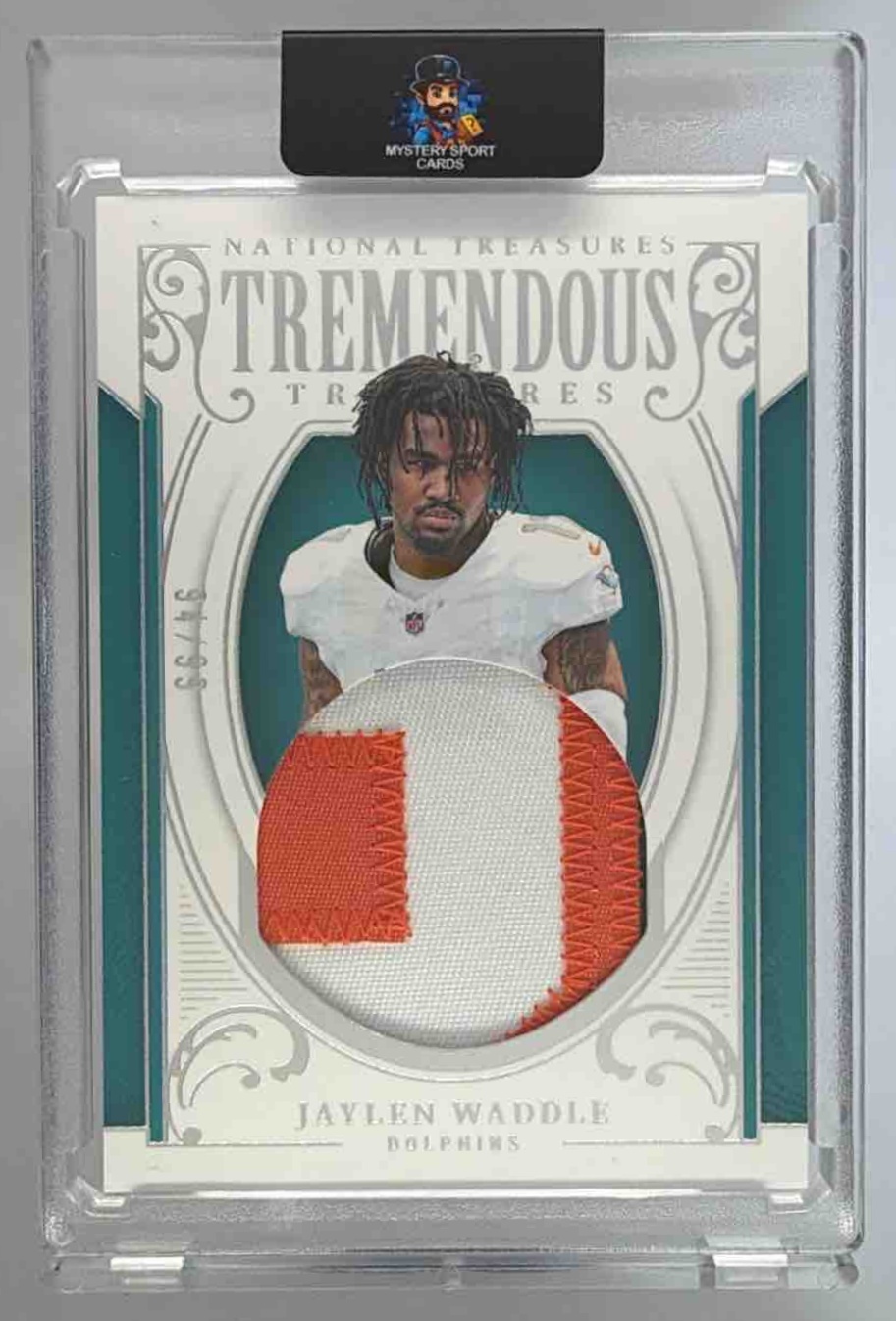 Card image for 2025 Panini National Treasures Jaylen Waddle Tremendous /99 #TT-JWE MEM Dolphins
