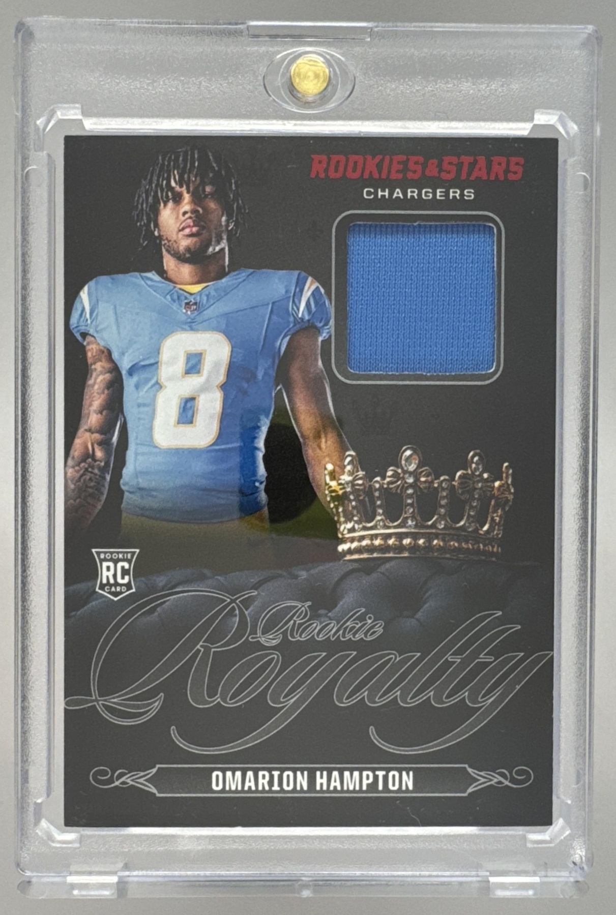 Card image for 2025 Panini Rookies & Stars Omarion Hampton Rookie Royalty #RR-OHN MEM RC Chargers