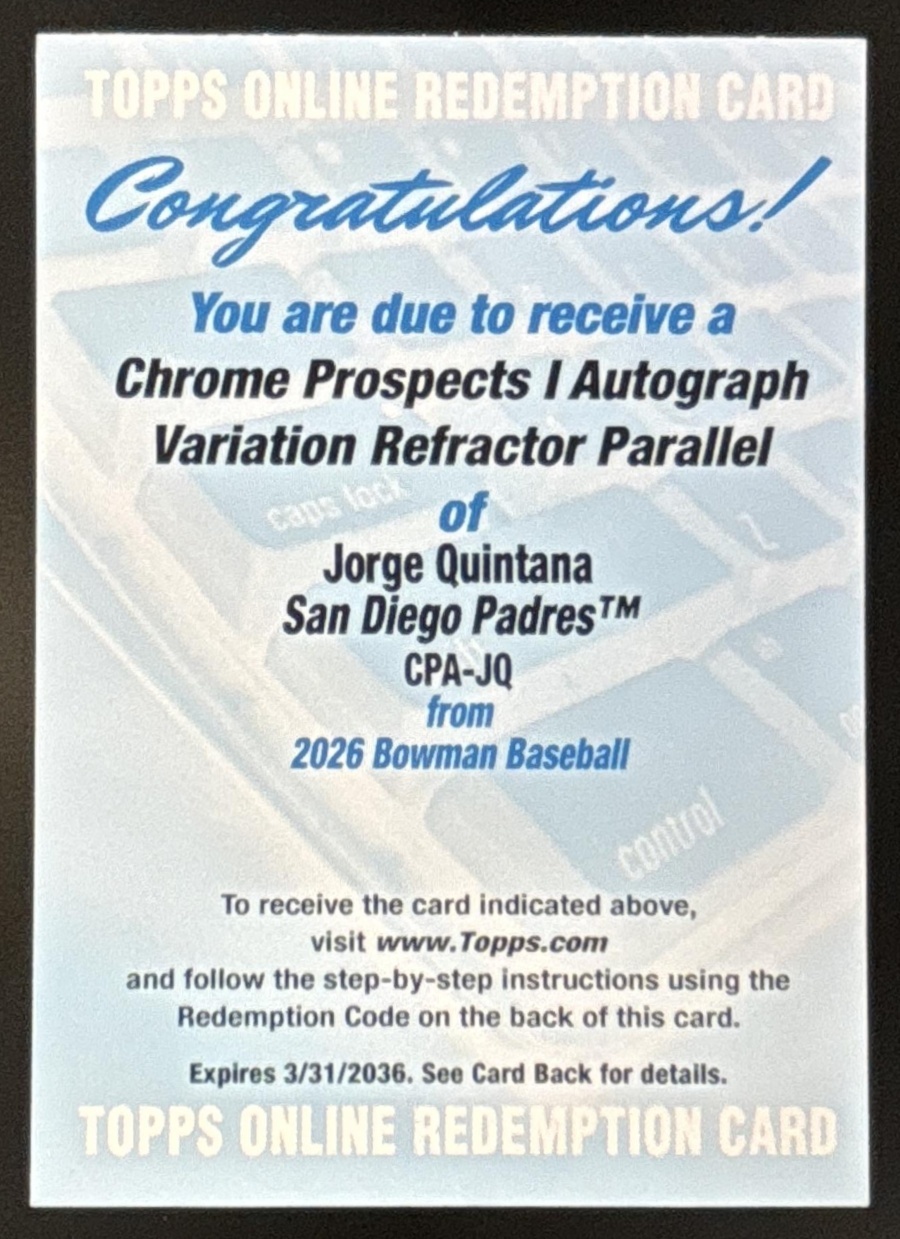 Card image for Jorge Quintana 2026 Bowman Refractor /499 Chrome Prospect Auto San Diego Padres