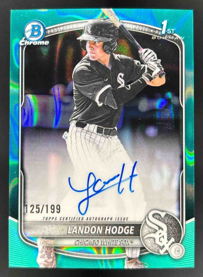 Card image for 2025 Bowman Draft Landon Hodge Chrome Auto Aqua Lava Refractor /199 1st Prospect