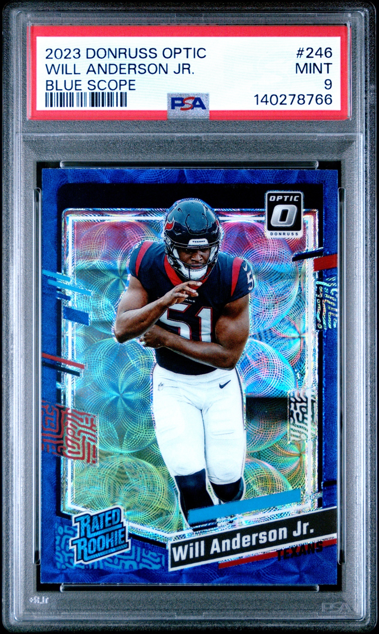Card image for 2023 Panini Donruss Optic Will Anderson Jr. Blue Scope Prizm #246 RC Rated Rookie Texans