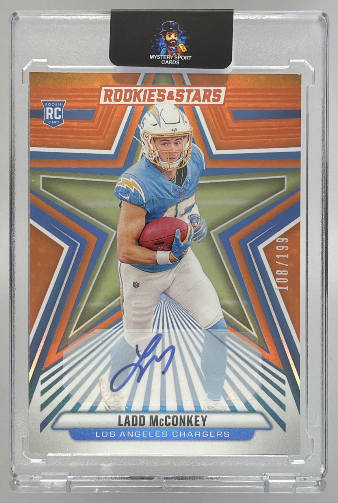 Card image for 2024 Panini Rookies & Stars Ladd McConkey Rookie Signatures Orange /199 #166 RC Auto Chargers