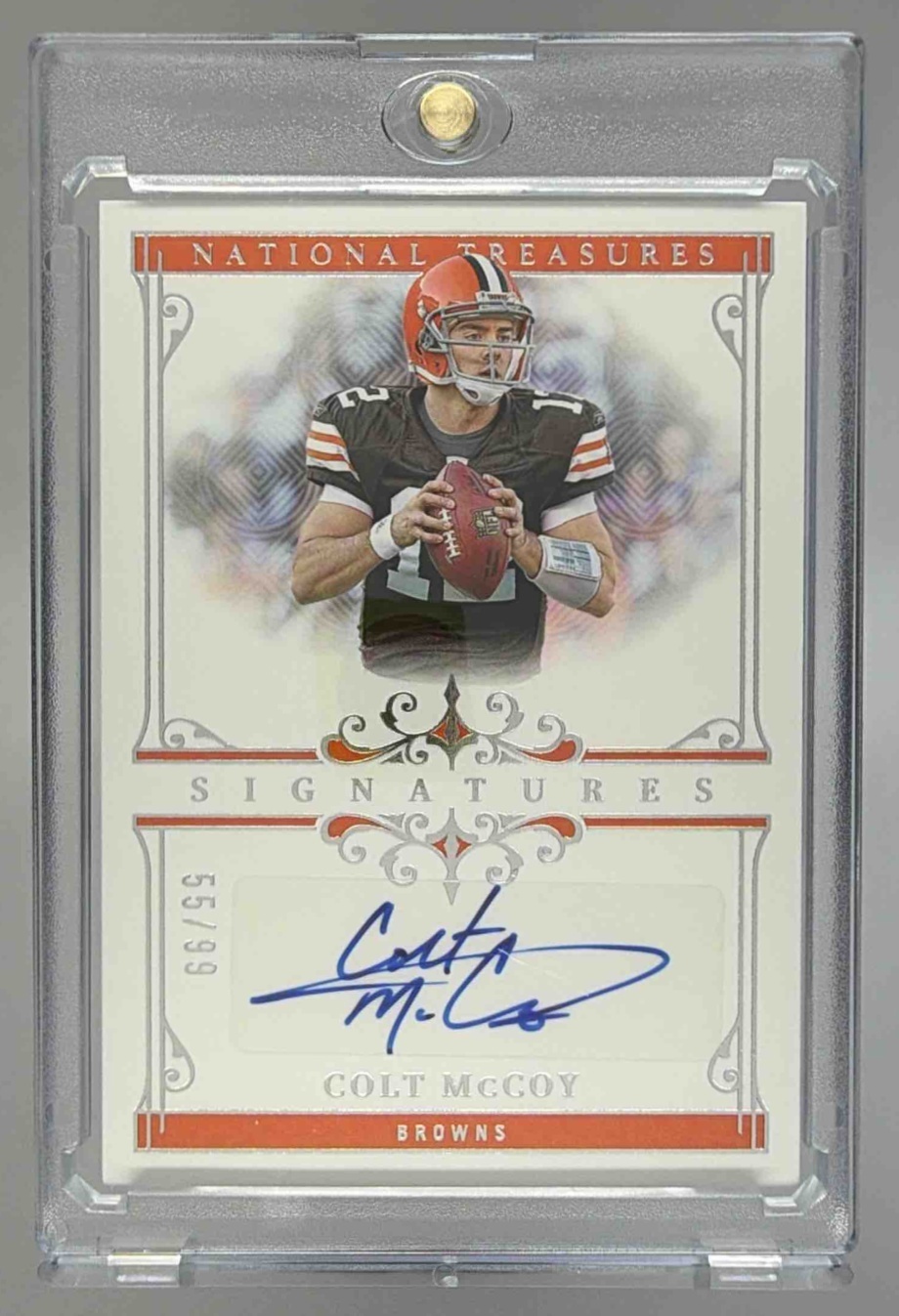 Card image for 2025 Panini National Treasures Colt McCoy Signatures /99 #SIG-CMY Auto Browns