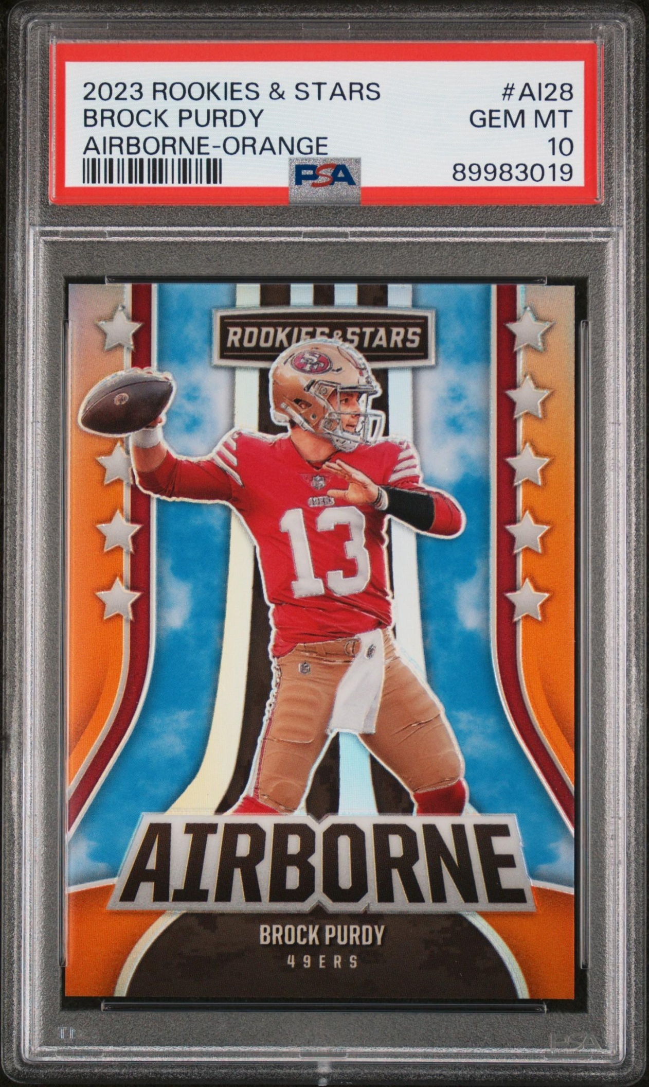 Card image for 2023 Panini Rookies & Stars Brock Purdy Airborne Orange /25 #AI-28 49ers