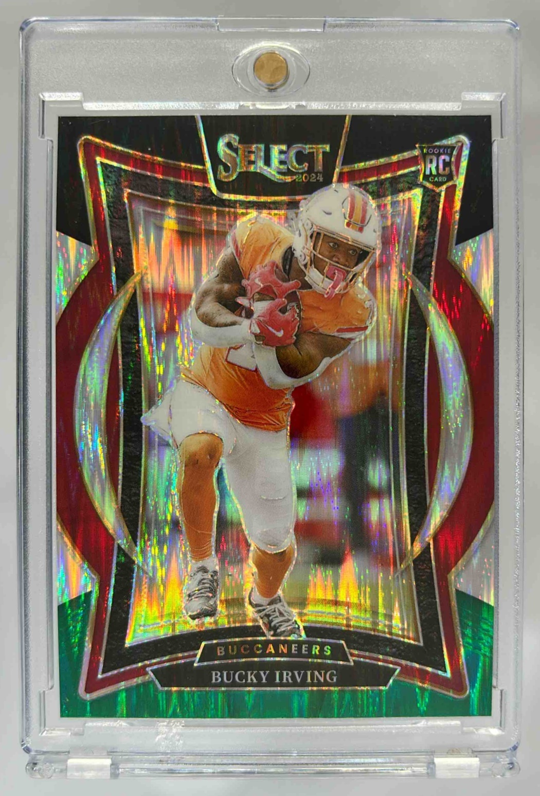 Card image for 2024 Panini Select Bucky Irving Concourse Black and Green Prizm Shock #4 RC Buccaneers