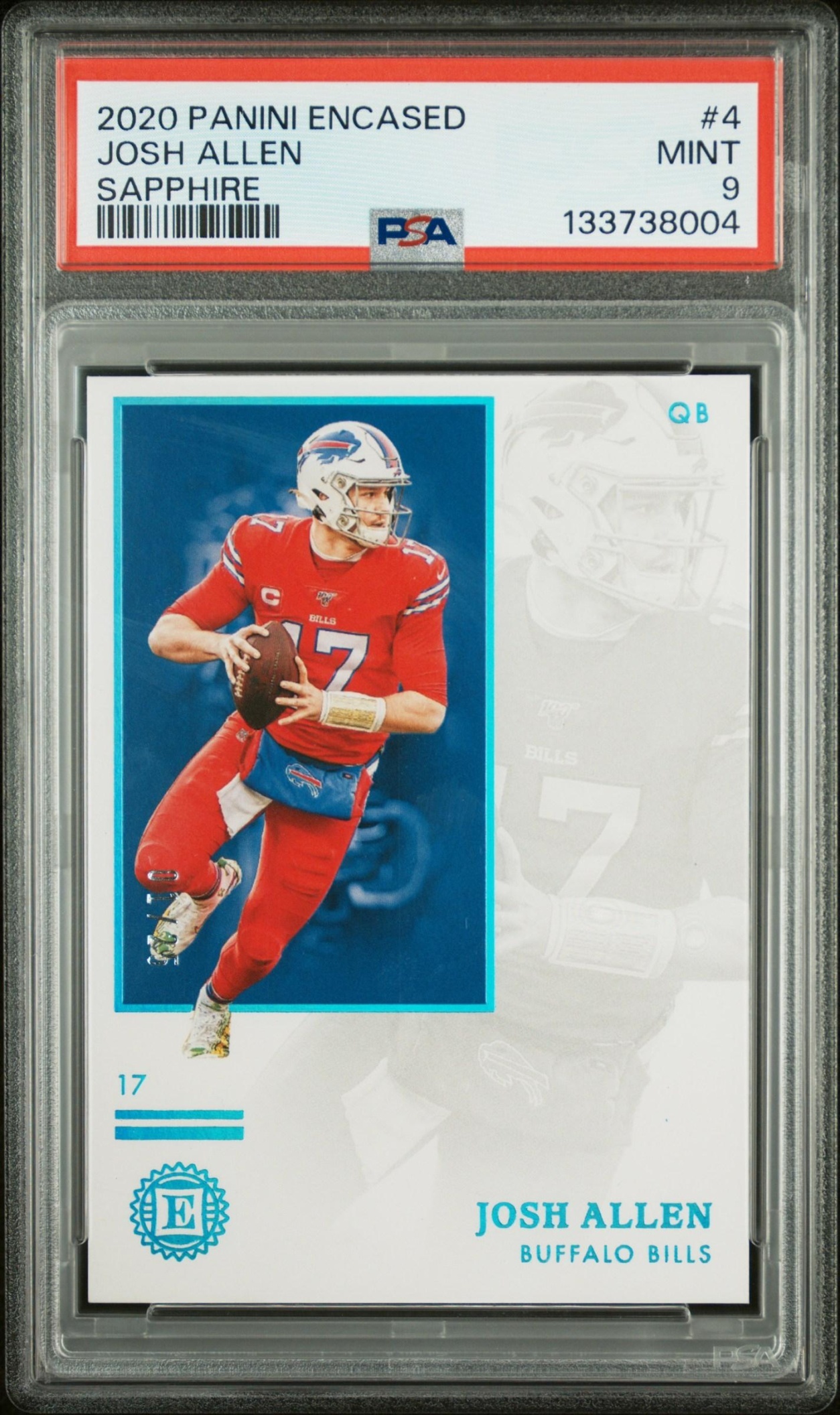 Card image for 2020 Panini Football Encased Josh Allen Sapphire /25 #4 Buffalo Bills