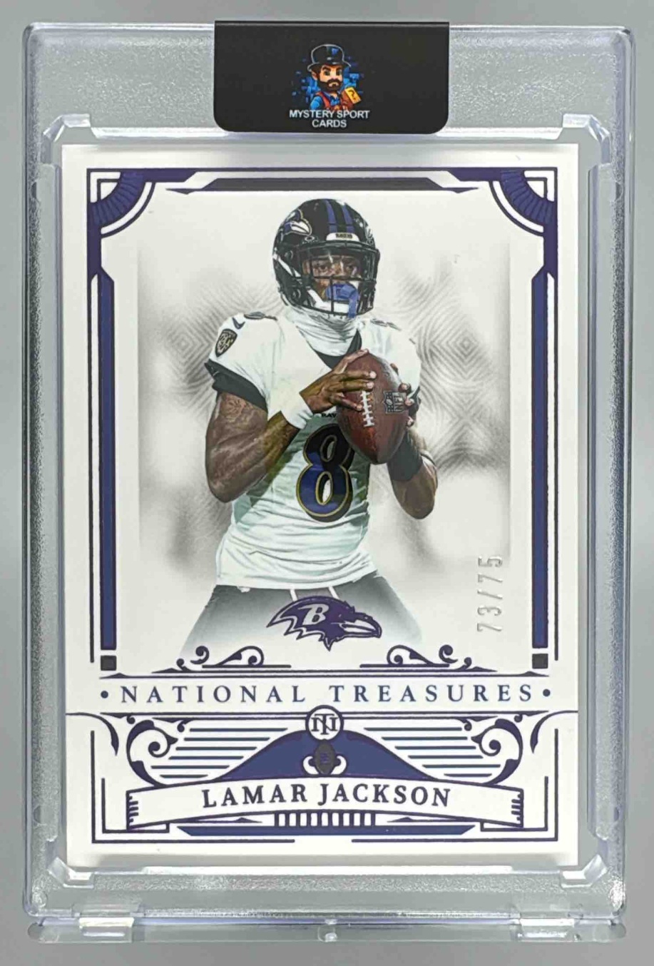 Card image for 2025 Panini National Treasures Lamar Jackson Purple /75 #7 Ravens