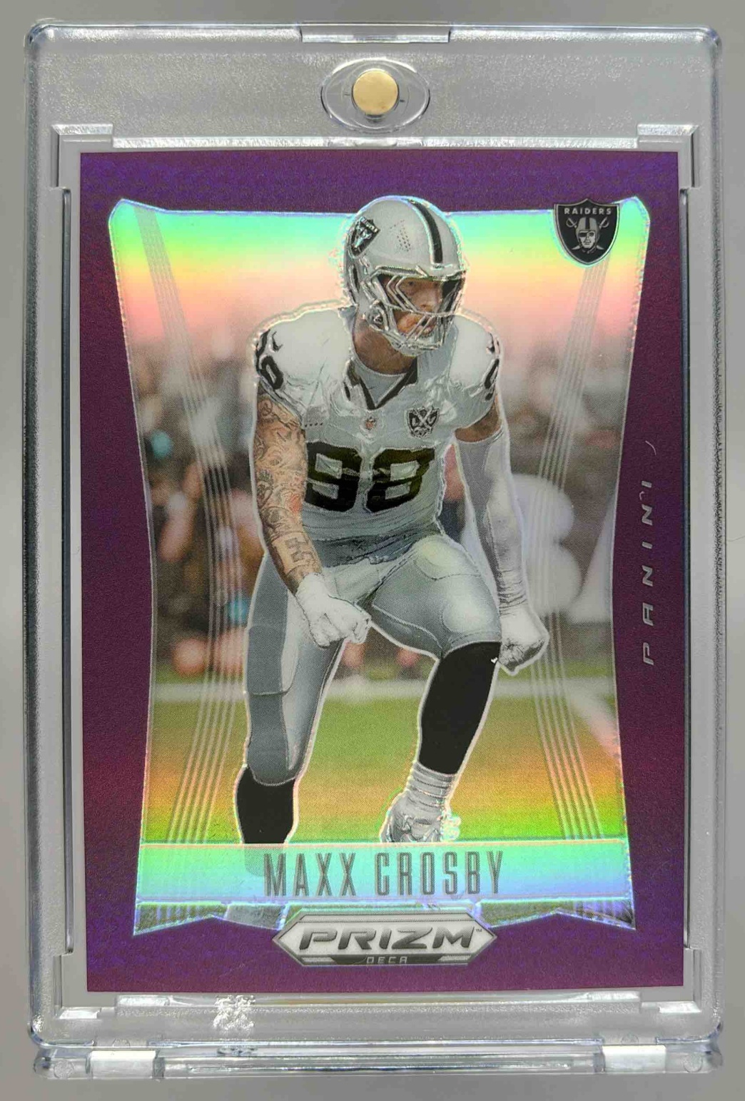 Card image for 2024 Panini Football Prizm Deca Maxx Crosby Purple /99 #163 Las Vegas Raiders