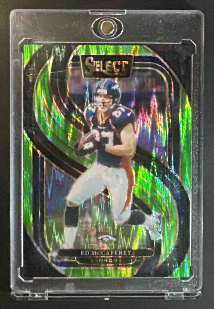 Card image for 2024 Panini Select Ed McCaffrey #154 Premier Green Prizm Shock /499 Broncos
