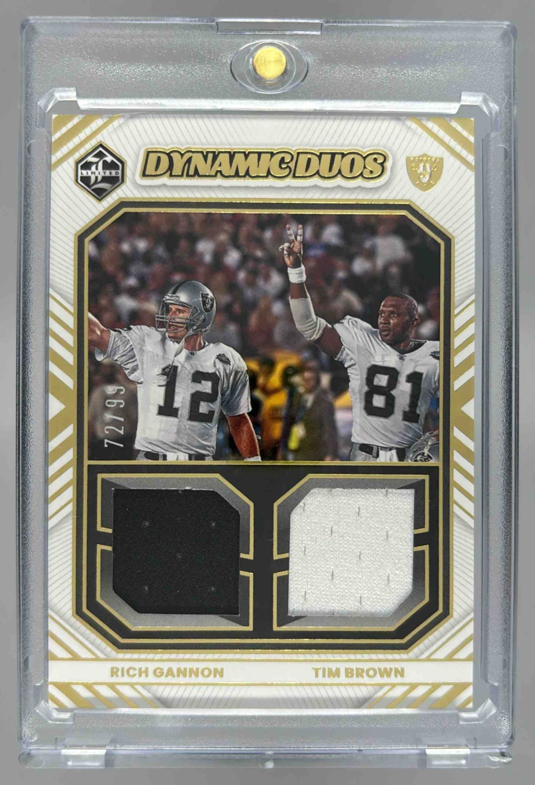 Card image for 2022 Limited Dynamic Duos Tim Brown & Rich Gannon Dual Jersey /100 Raiders