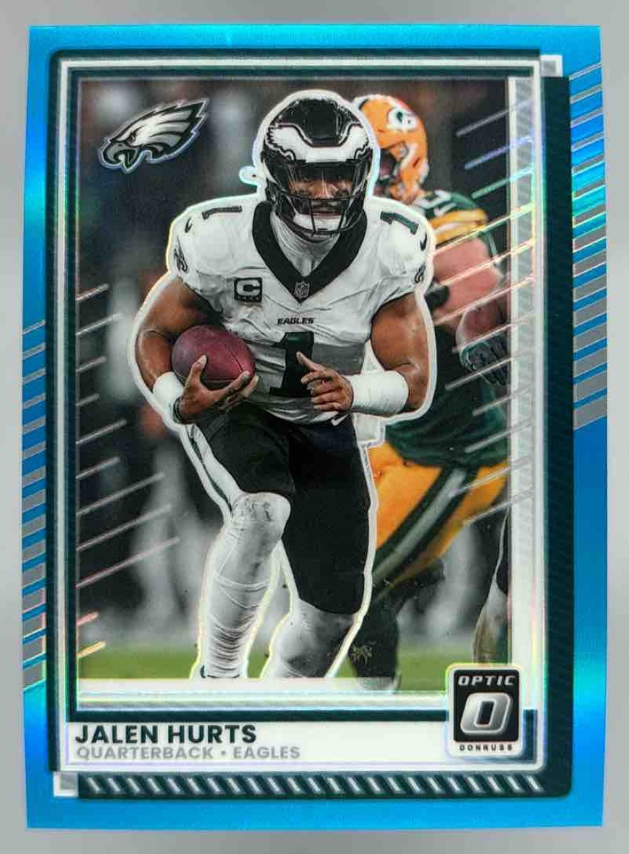 Card image for 2025 Panini Donruss Optic Jalen Hurts Aqua Prizm /349 #14 Eagles