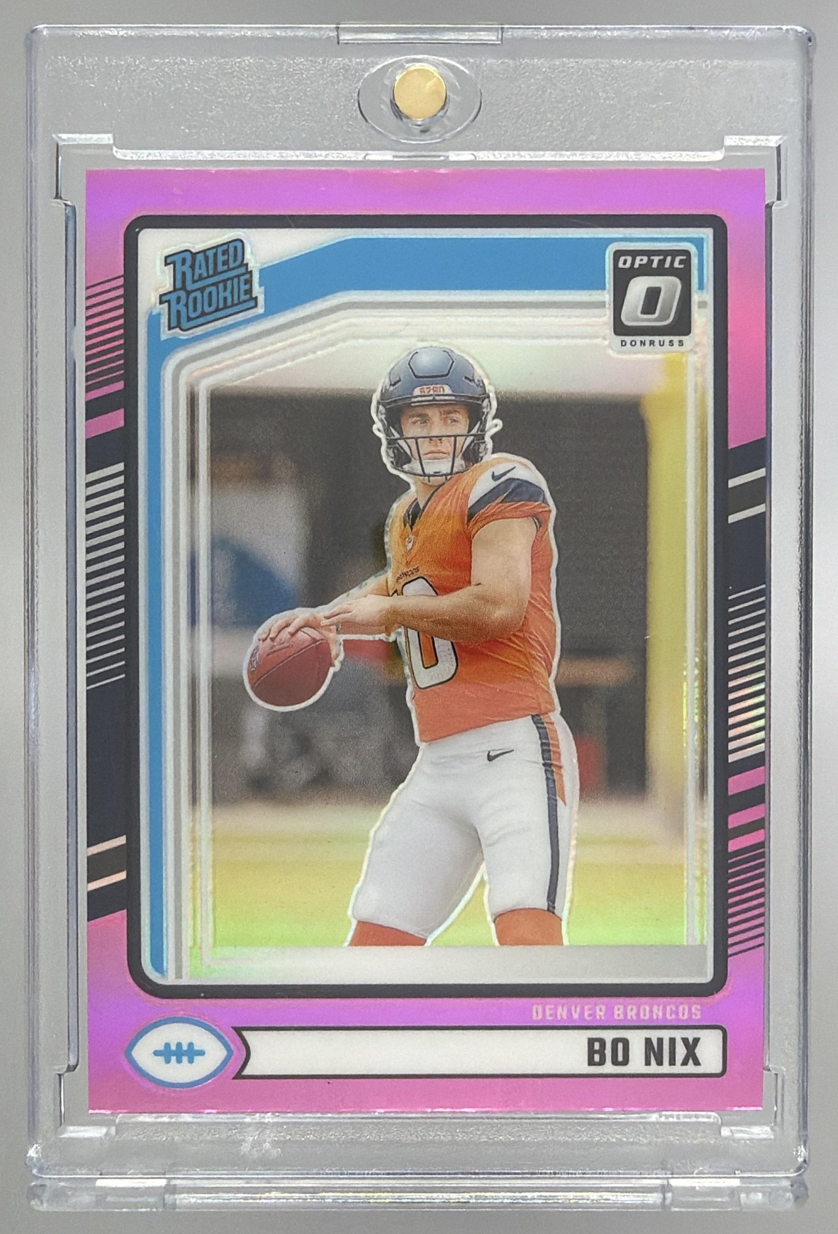 Card image for 2024 Panini Donruss Bo Nix Optic Rated Rookie Preview Pink #369 Broncos