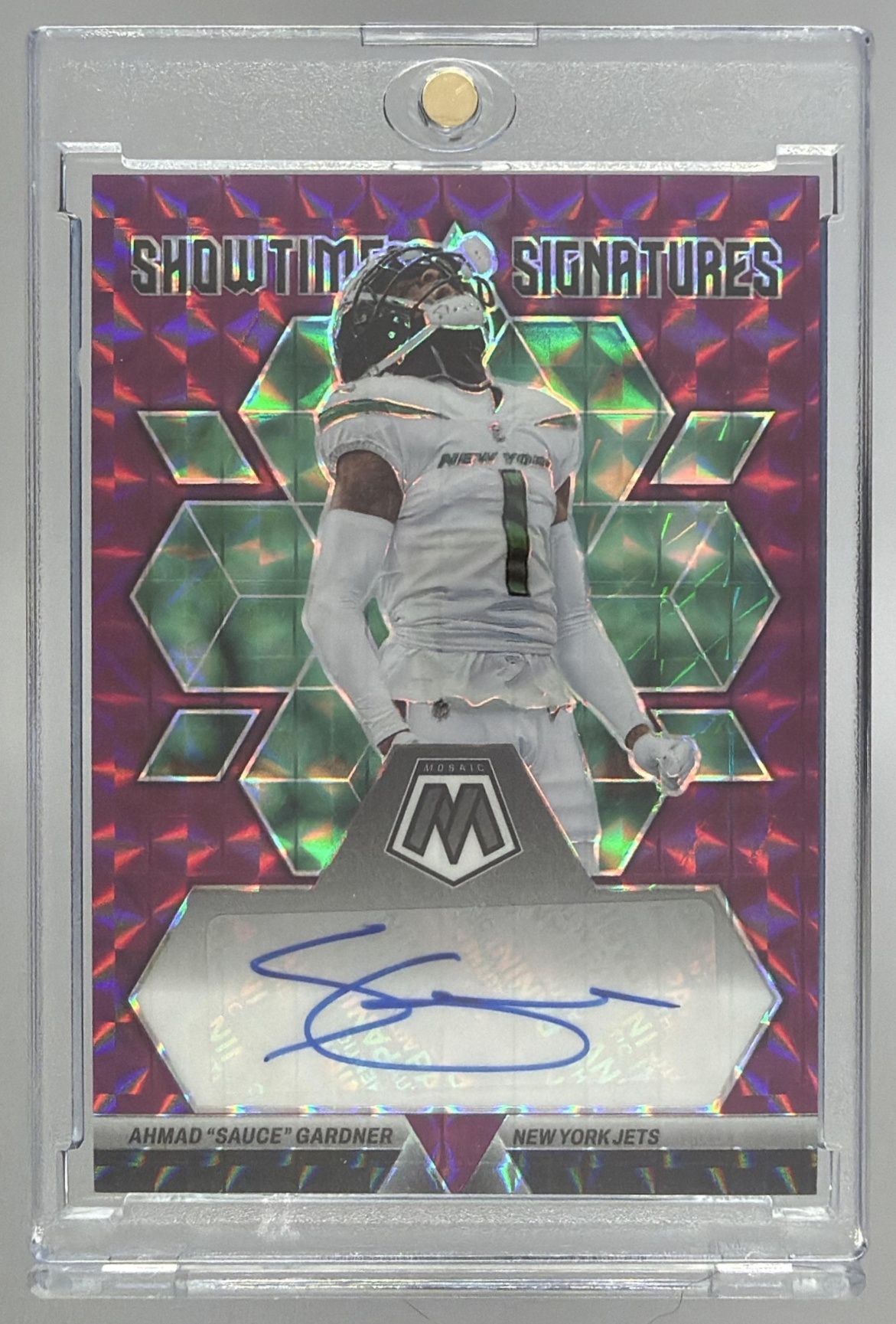 Card image for 2023 Panini Mosaic Ahmad Sauce Gardner Showtime Signatures Purple /49 #SS-ASG Auto Jets