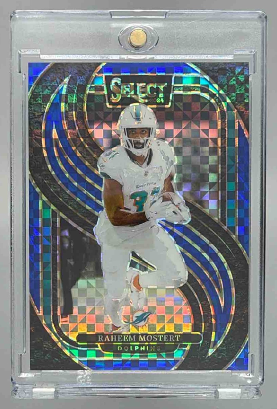 Card image for 2024 Panini Select Raheem Mostert Premier Blue Prizm /175 #188 Dolphins