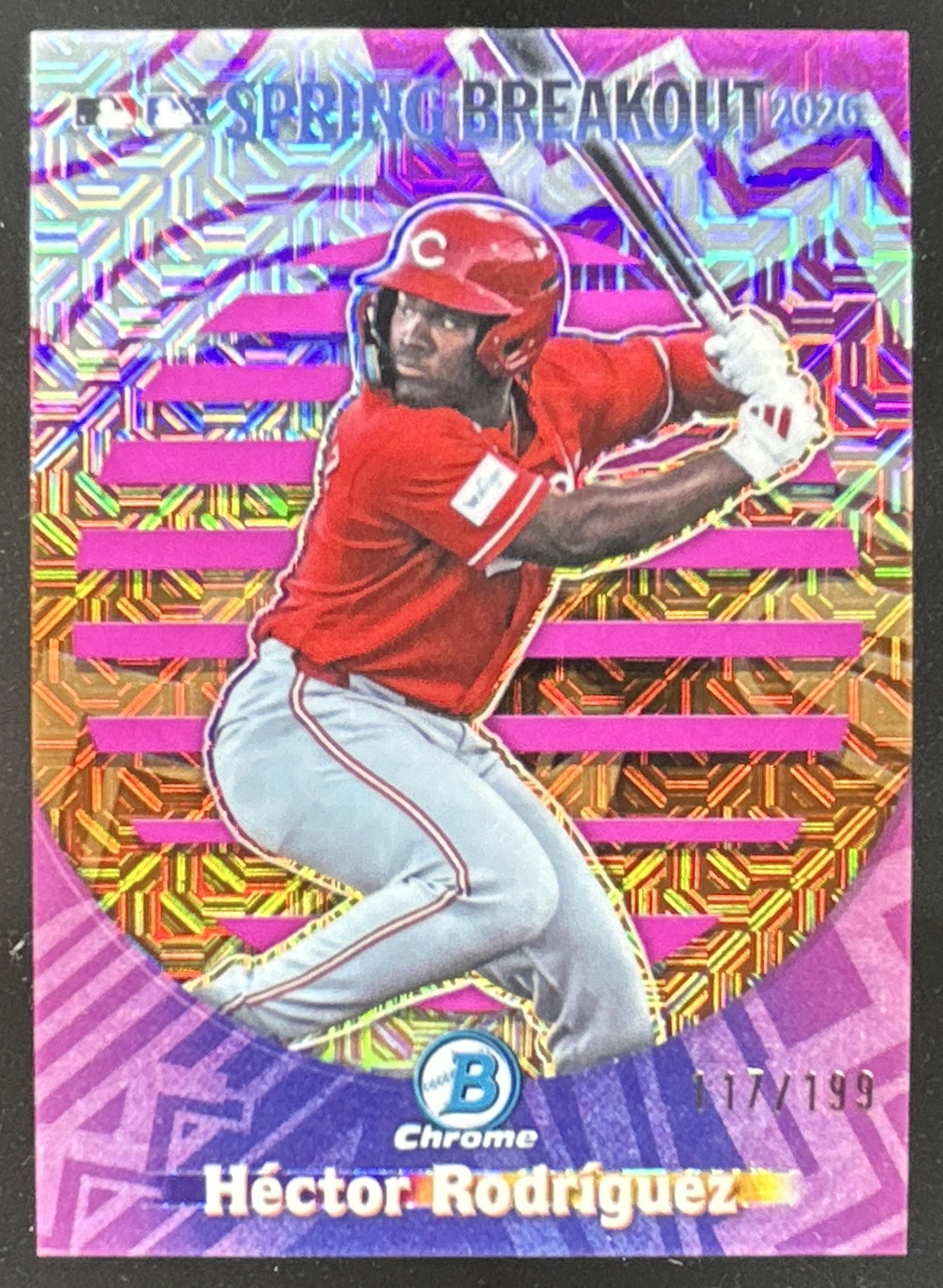 Card image for Hector Rodriguez 2026 Bowman Chrome Mega Box MLB Spring Breakout Pink Mojo Refractor /199