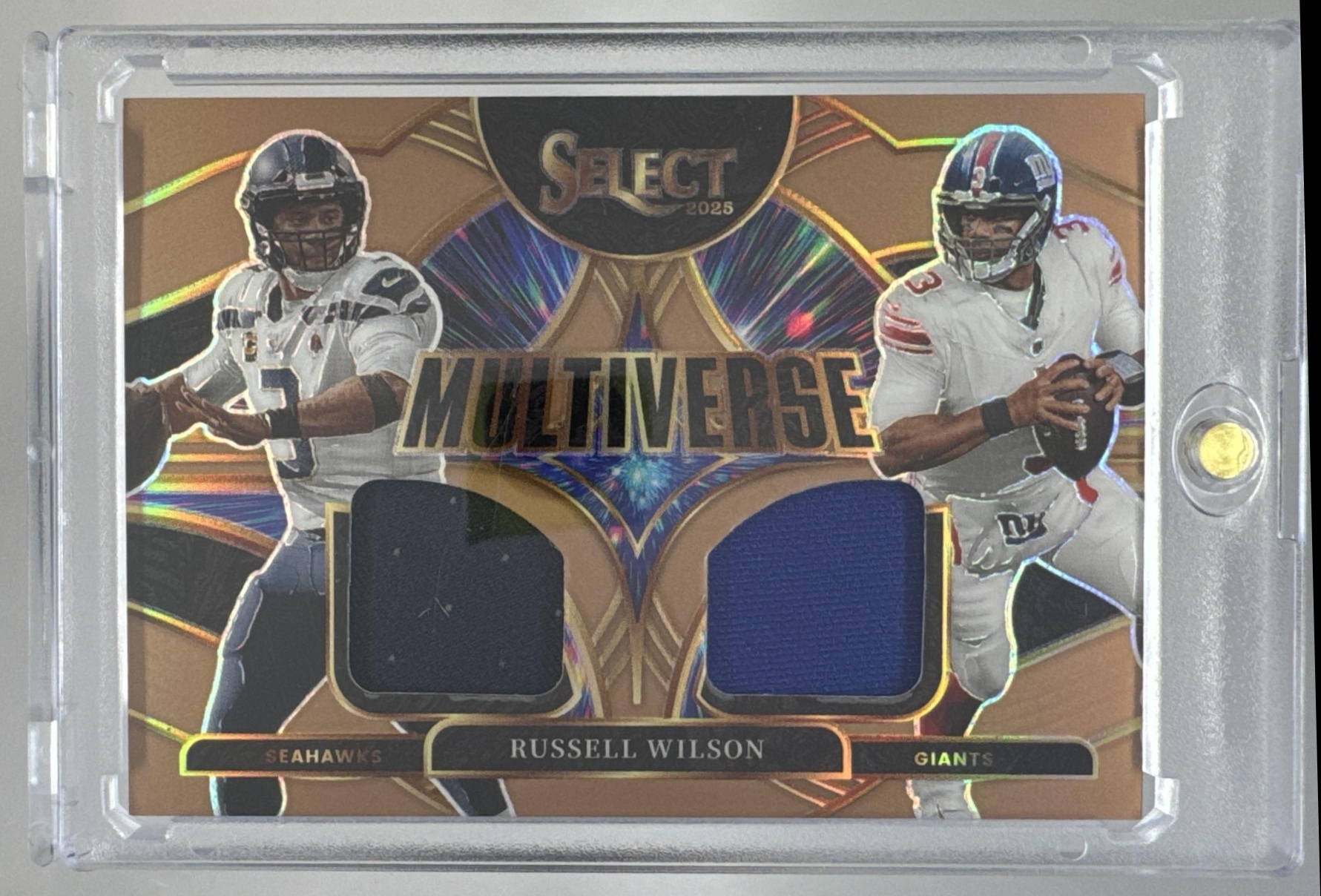 Card image for 2025 Panini Select Russell Wilson Club Level Red Disco Prizm /49 #295 Giants