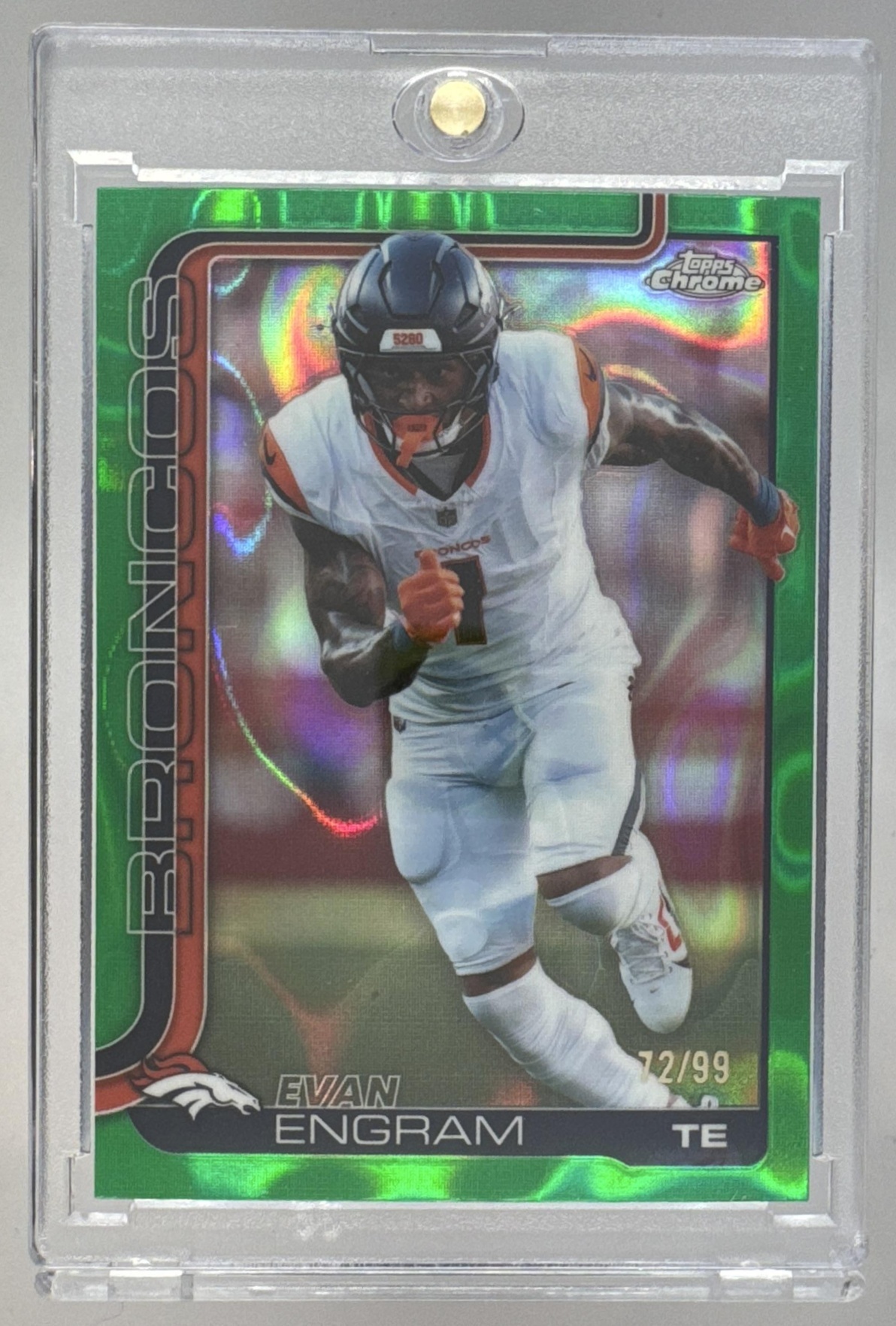 Card image for 2025 Topps Chrome Evan Engram Football Leather Green Refractor /99 #92 Broncos
