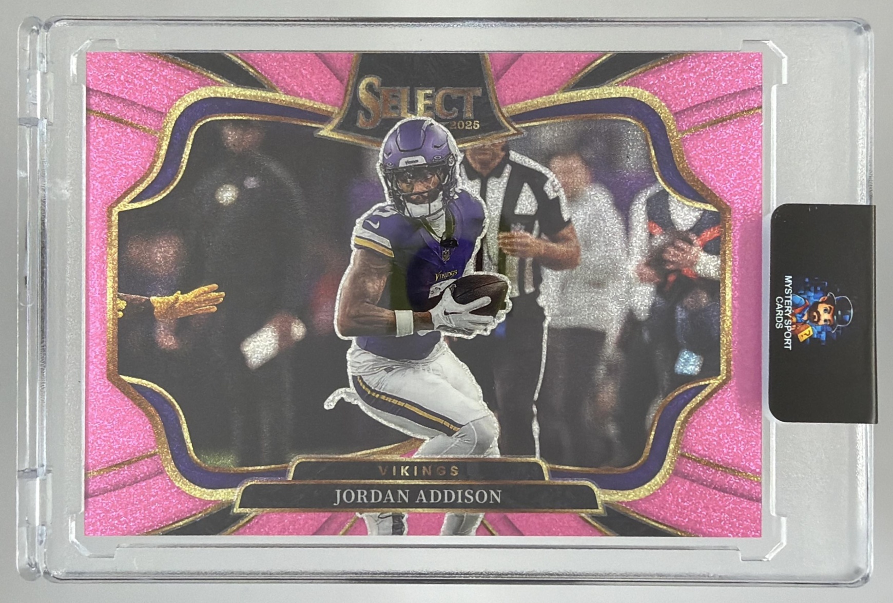 Card image for 2024 Panini Select Jordan Addison Field Pink Glitter Prizm /15 #453 Vikings